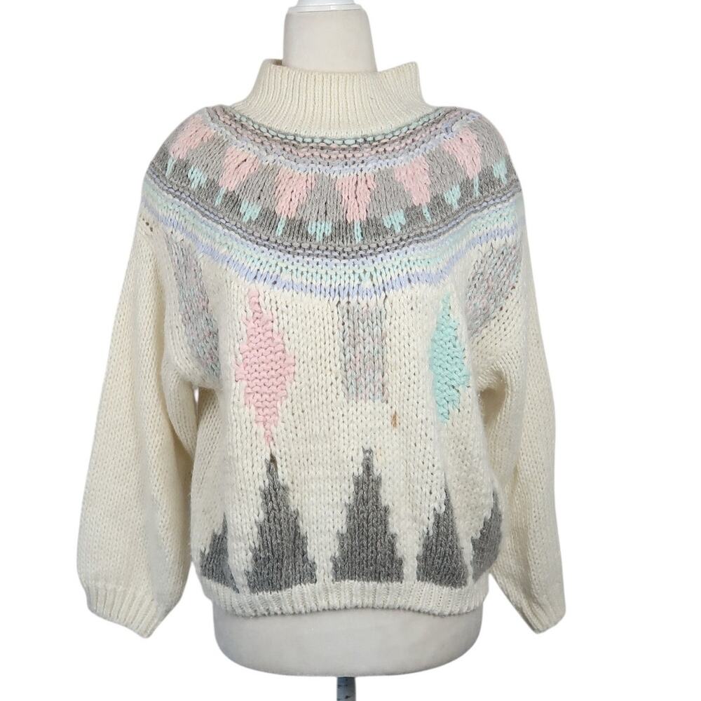 Vintage 80s Jamie Scott Cream Geometric Handknit Sweater S